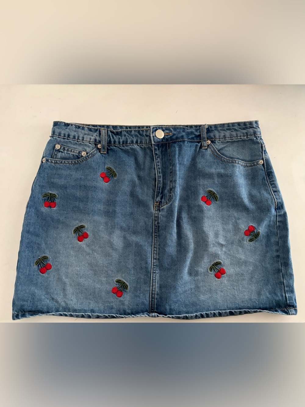 Forever 21 Blue Denim Skirt with Red Cherry Embroidery